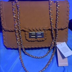 JustFab Tan Shoulder Bag with Chain Straps and Twist-Lock Closure